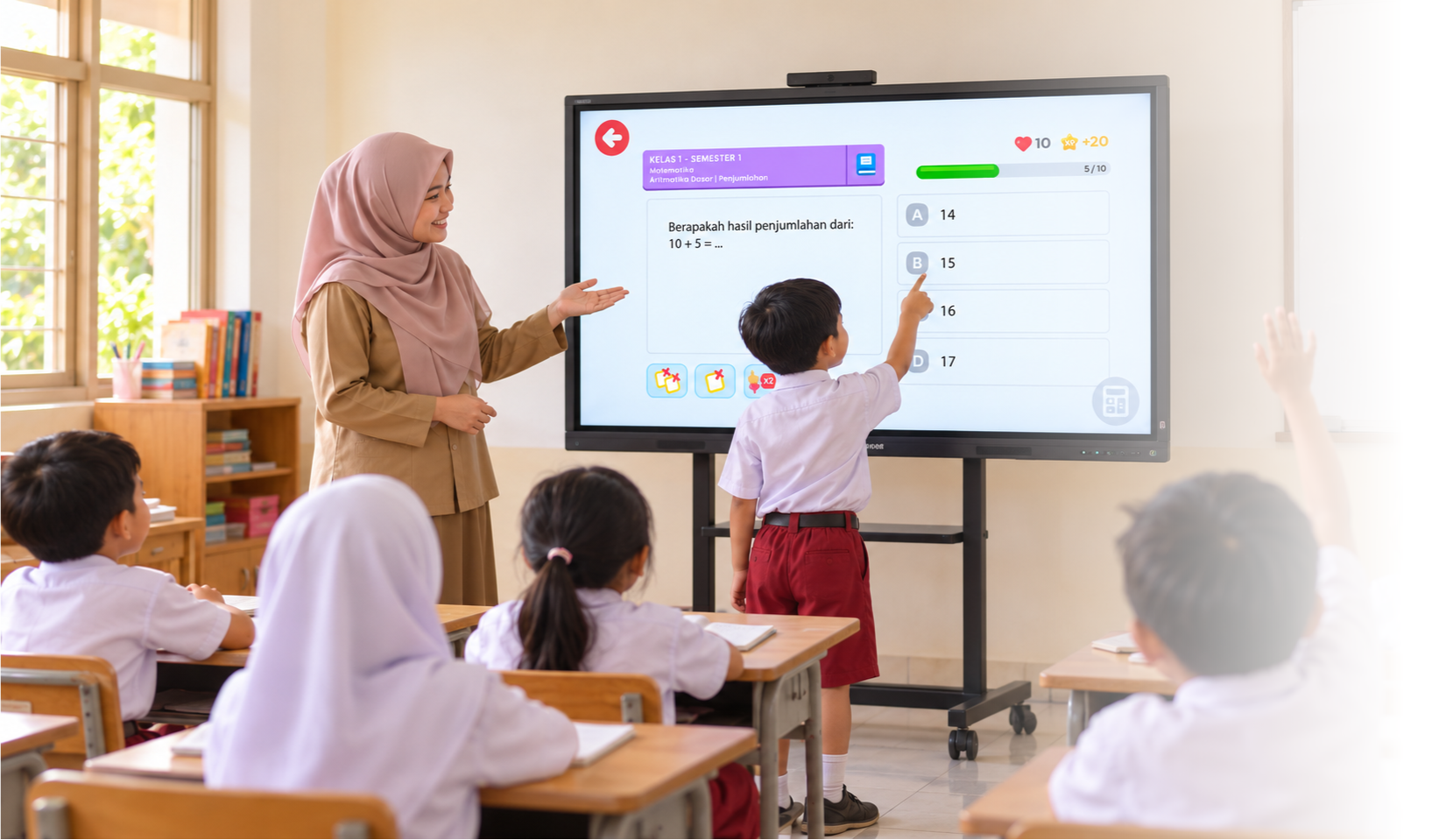 Guru mendampingi anak belajar menggunakan teknologi interaktif