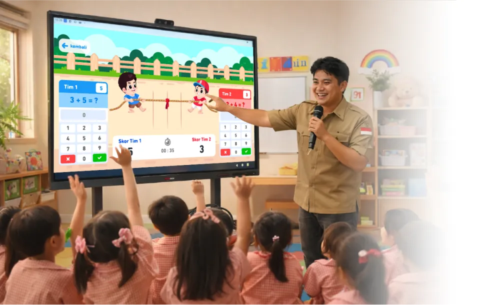 Guru mendampingi anak belajar menggunakan teknologi interaktif