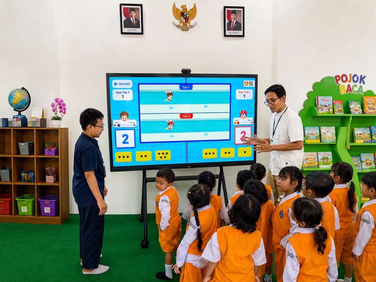Anak-anak dan guru belajar bersama menggunakan layar interaktif IFP